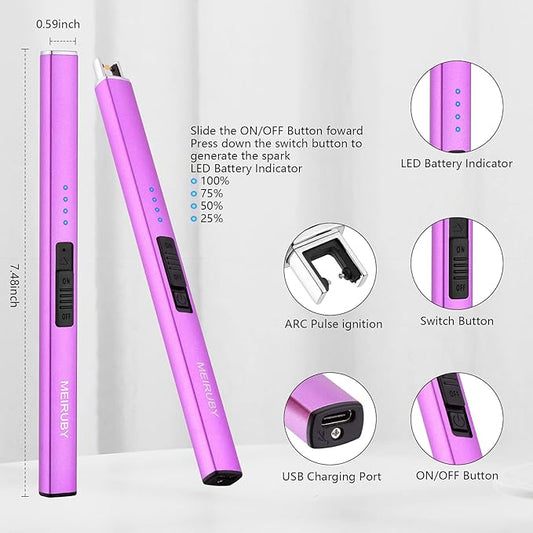 MEIRUBY Lighter Electric Candle Lighter Long Electronic Rechargeable USB Lighter Arc Windproof Flameless Lighters for Candle Camping BBQ Birthday Women's Day Gifts for Women Mom Wife Men, Purple