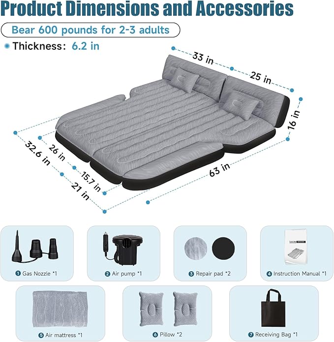 Inflatable SUV Air Mattress: Double-Sided Flocking Car Mattresses for Back SUV, Travel Camping SUV Sleeping Bed Mattress with Air Pump 2 Pillows