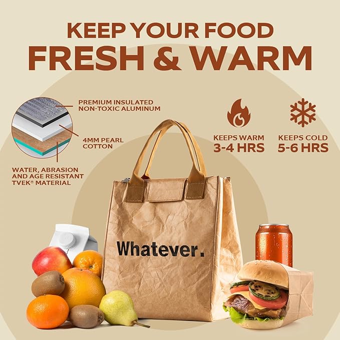 VonNova Insulated Lunch Box for Women, 7L Capacity, Leakproof Lunch Tote Bag, Durable Lunchbox made from Tyvek Material, Adult Cooler Bag for Work, Picnic, Travel and more (Whatever)