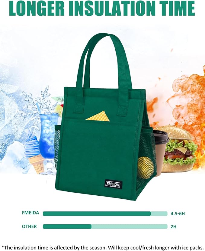 Fmeida Insulated Lunch Bag Women, 6.75L Small Lunch Bags with Multiple Pockets, Reusable Thermal Cooler Tote for Work, Office, Picnic, Travel | Hook and Loop Closure, Dark Green