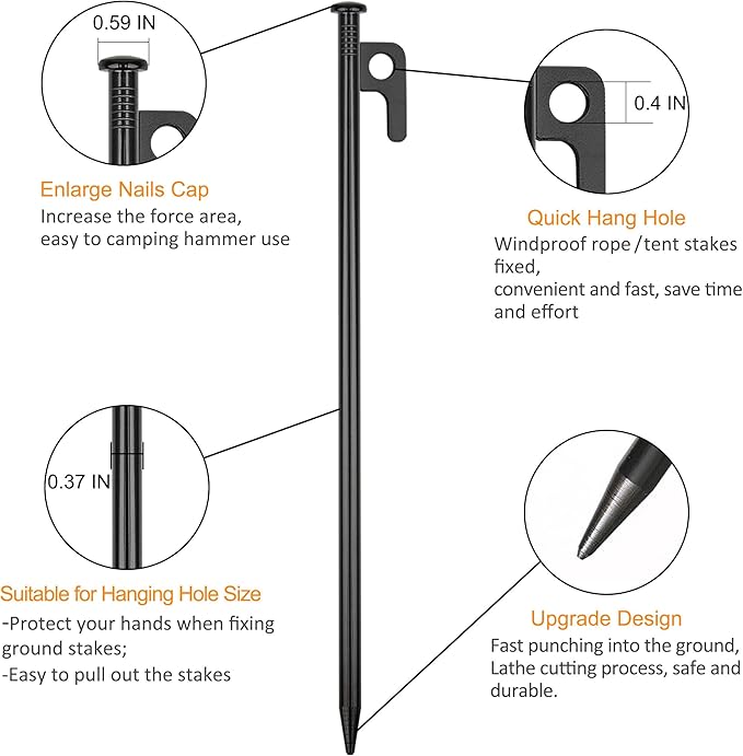 4 Pack Tent Stakes Heavy Duty Metal Tent Pegs for Camping Steel Tent Stakes 16 inch Unbreakable and Inflexible