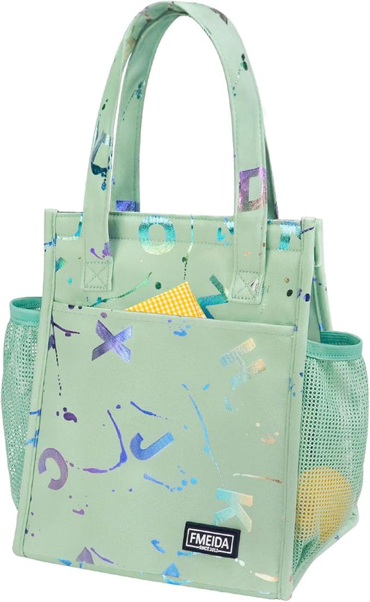 Fmeida Insulated Lunch Bag Women, 6.75L Small Lunch Tote Bags, Waterproof Thermal Cooler Lunch Bag, Reusable Lunch Box with Front Side Interior Pockets, Colorful Letters