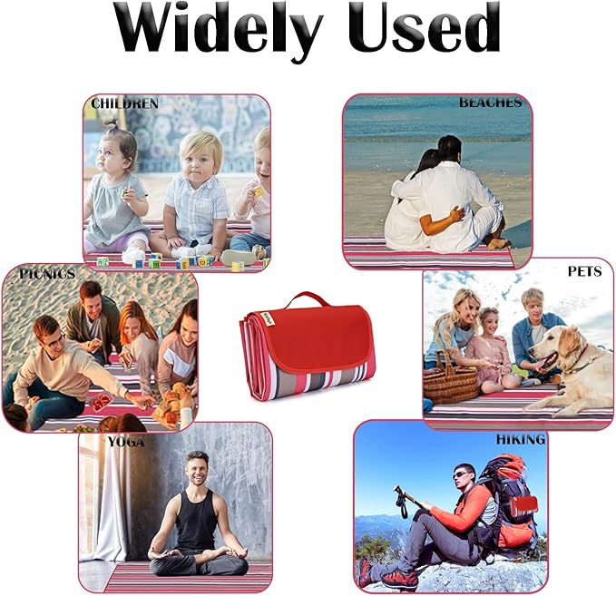 Picnic Blanket Waterproof Washable Foldable 58''x78'',Extra Large Picnic Mat, Dual Layers for Outdoor Water-Resistant Handy Mat, Beach, Intdoor,Camping on Grass - Red Stripes