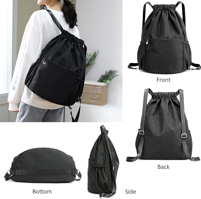 Drawstring Backpack Sports Yoga Sackpack for Women Men Waterproof Nylon Gym Sack DayPack with Multi Pockets (Black)