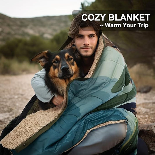 Outdoor Camping Blanket with Sherpa Lining, Extra Warm Thick Camp Blankets & Puffy Ultralight Soft Poncho DWR Camping Quilt for Cold Weather, Adventure,Sleeping,Backpacking 78"x 56"