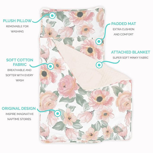 JumpOff Jo - Toddler Nap Mat - Sleeping Bag for Kids with Removable Pillow and Ultra Soft Blanket for Preschool, Daycare, and Sleepovers - Floral Watercolor