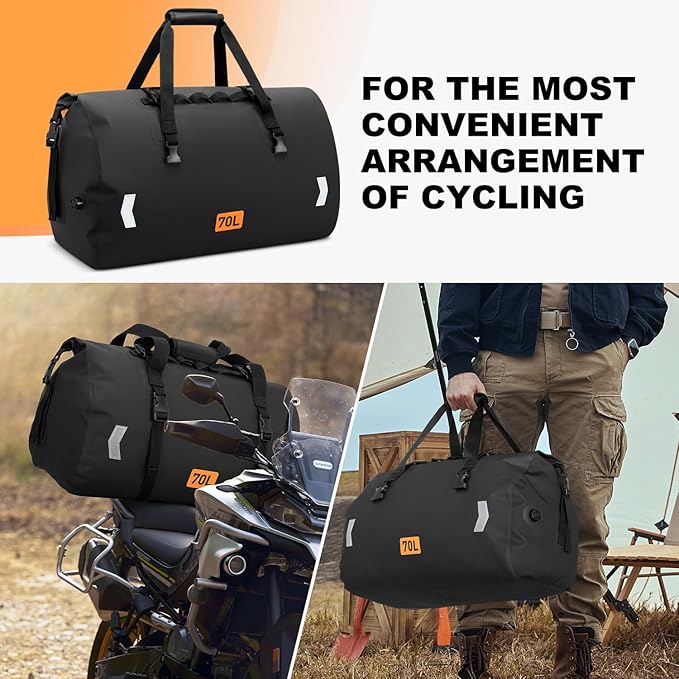 Motorcycle Dry Bag, Waterproof Duffel Bag & Roll-top Dry Duffel Bag, Motorcycle Luggage Travel Bag with Air Valve & Quick-adjust Straps For Riding,Travel, Black, 70L
