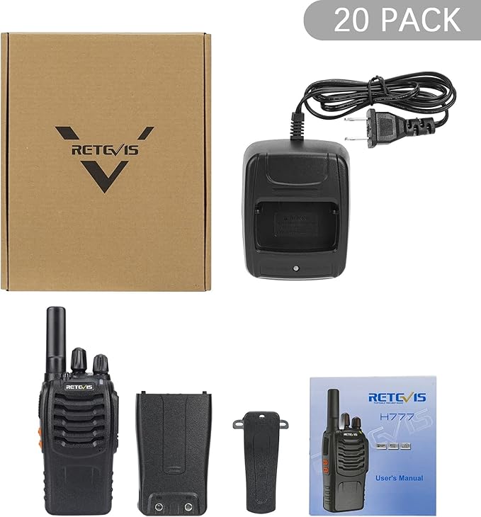 Retevis H-777 2 Way Radios Walkie Talkies Long Range, Rechargeable Two Way Radios, Hand Free Adults Walkie Talkies with Charging Base(Black, 20 Pack)