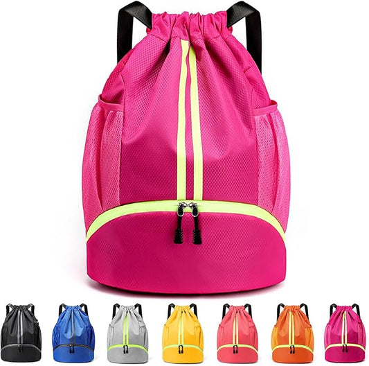 Drawstring Backpack Sports Gym Sackpack with Side Mesh Pockets Shoe Compartment Water Resistant String Bag for Women Men (Rose Red)