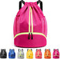 Drawstring Backpack Sports Gym Sackpack with Side Mesh Pockets Shoe Compartment Water Resistant String Bag for Women Men (Rose Red)