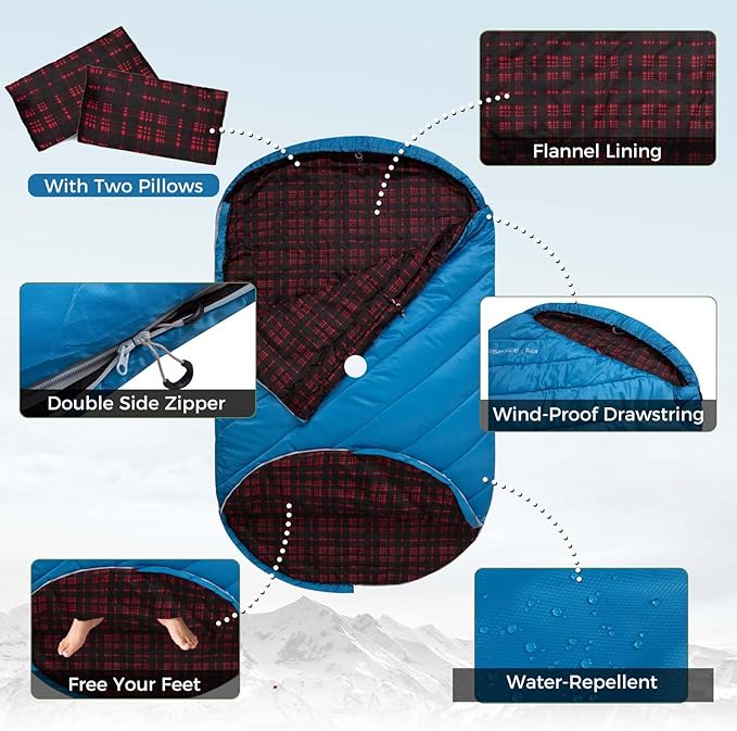 KingCamp Double Sleeping Bag for Adults, Queen Size 2 Person XXL Flannel Sleeping Bag, Waterproof Lightweight Flannel Quilt with 2 Pillows, Perfect for Couples Family Camping Hiking
