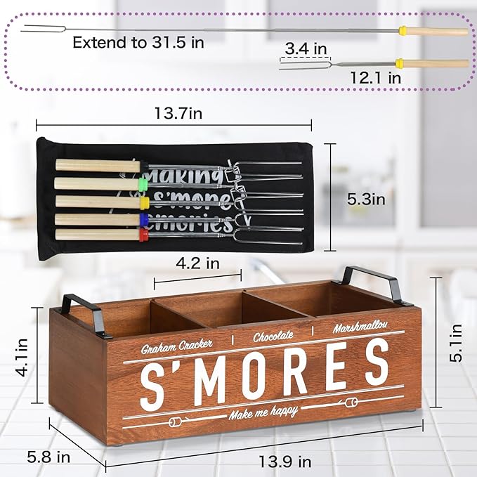 S'Mores Station, Farmhouse Smores Caddy with Handles, Smores Kit for Fire Pit Smores Maker Box, Smores Bar Station with 5Pcs Extendable Marshmallow Roasting Sticks, Camping Essentials Gear Accessories