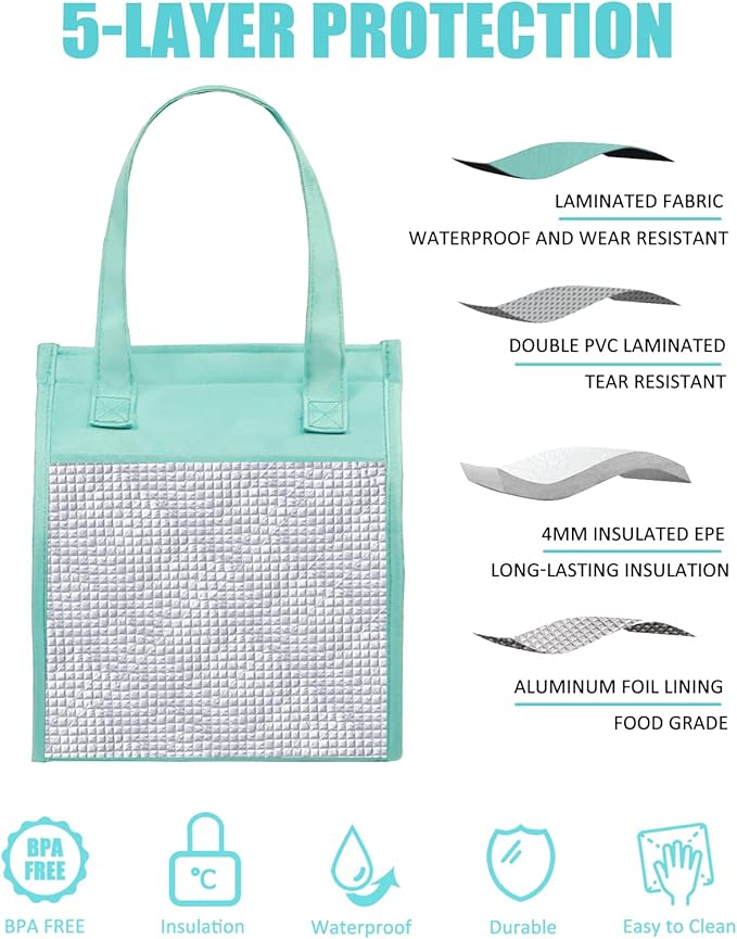 Fmeida Insulated Lunch Bag for Women, Simple Lunch Bag, Thermal Adult Lunch Totes, Reusable Lunch Boxes for Office College Beach Travel | Medium Mint Blue, Front&Side&Interior Pockets