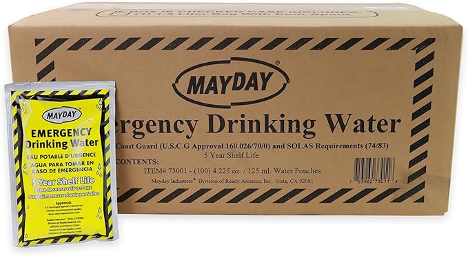 Mayday Pouch Water, Coast Guard Emergency Water, 5-Year Shelf LIfe, Disaster Preparedness Supplies for, Earthquake, Fire, Flood, Leak-Proof Pouches, 4.225 Oz/125Ml 50 Pack