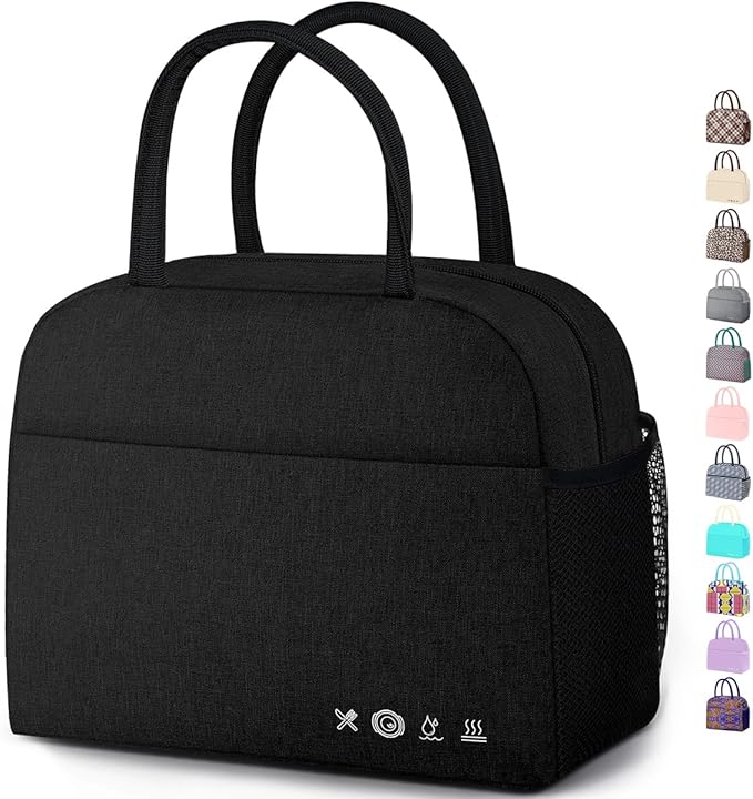 Lunch Bag Lunch Box for Women Men Reusable Insulated Lunch Bags for Adults,Water-Resistant Cute Cooler Lunch Tote Bag, Large Capacity for Work Travel Picnic,Black