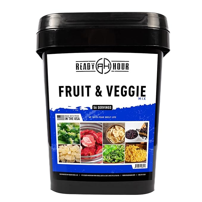 Ready Hour, Fruit & Veggie Mix, Non-Perishable Freeze-Dried Food, 30-Year Shelf Life, Portable Emergency and Adventure Food Supply, Durable Flood Safe Container, 56 Servings