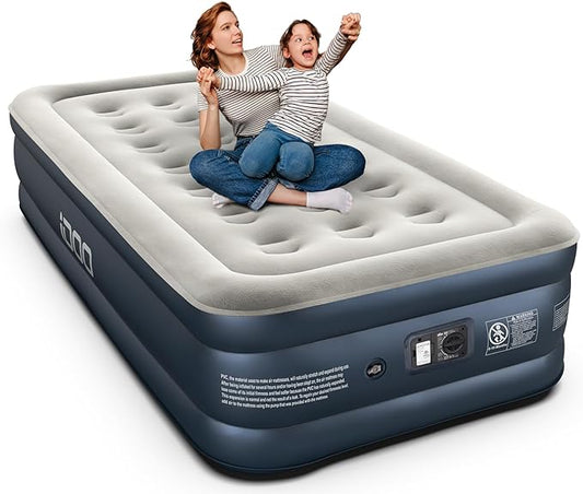 iDOO Luxury Twin Air Mattress with Built in Pump, 18" Raised Comfort Blow up Mattress, Inflatable Mattress for Guests & Home, Air Bed, colchon inflable, Upgraded Four Chamber Technical Airbed