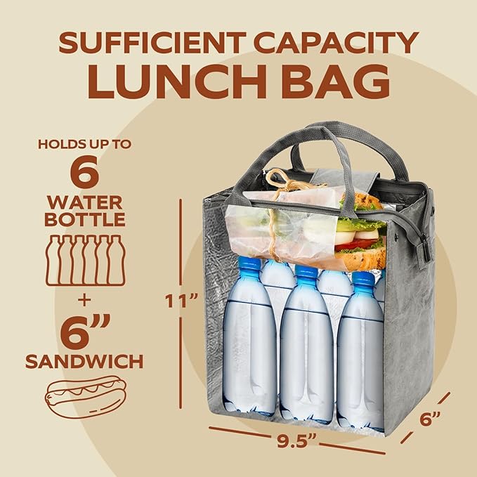 VonNova Insulated Lunch Box for Women, 7L Capacity, Leakproof Lunch Tote Bag, Durable Lunchbox made from Tyvek Material, Adult Cooler Bag for Work, Picnic, Travel and more (Grey)