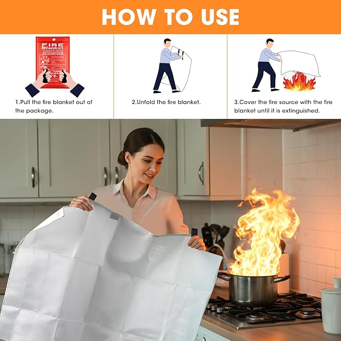 Emergency Fire Blanket, 40"x40" Fiberglass Suppression Fire Retardant Blankets for Home, Kitchen, Camping, Grill, Car, Office, Warehouse with Hooks(6 Pack)