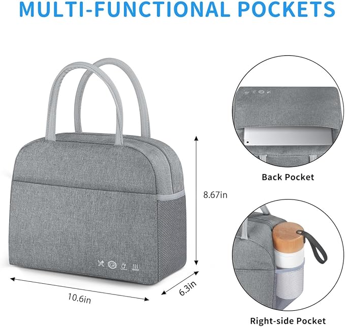 Lunch Bag Lunch Box for Women Men Reusable Insulated Cooler Lunch Tote Bags, Leakproof Cute LunchBag Large Capacity for Work Travel Picnic,Grey