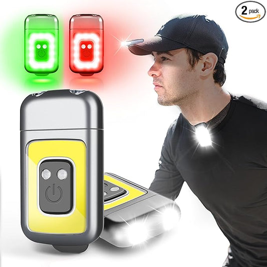 Yls 2 Pack Clip On Running Light - 5 Lighting Modes LED Flashlight, Portable Weatherproof Hat Light, Rechargeable Night Light for Camping, Hiking, Jogging
