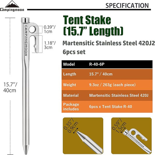 CAMPINGMOON 15.7-inch 6pcs Martensitic Stainless Steel 420J2 Hardened Forged Tent Stake Power Peg Ideal for Hard Ground R-40-6P