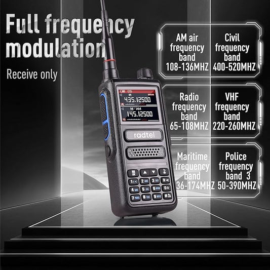 Radtel RT-470 10 Watt Tri-Band Radio 144-148/420-450/1.25M 256CH Air Band Walkie Talkie Long Range Handheld NOAA FM Radio Receive 2800mAh USB-C Battery.