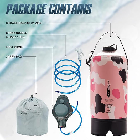Portable Camping Shower Bag - 10L/2.2 Gallons 20/5 Gallons Solar Shower Water Bag with Foot Pump, Hose and Shower Head - Camp Shower for Camping, Beach, Travel, Outdoor Activities