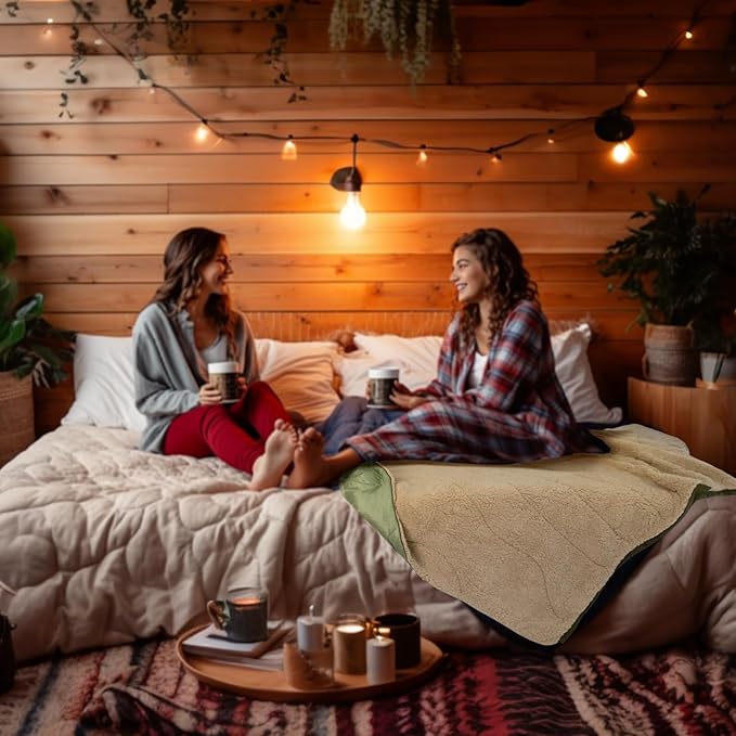 Outdoor Camping Blanket with Sherpa Lining, Extra Warm Thick Camp Blankets & Puffy Ultralight Soft Poncho DWR Camping Quilt for Cold Weather, Adventure,Sleeping,Backpacking 78"x 56"