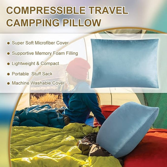 Ivellow Memory Foam Travel Pillow Compressible Camping Pillow for Sleeping Shredded Memory Foam Pillow Compact Firm Supportive Travel Pillow for Adults Kids Outdoor Hiking Essential Gear Blue-S