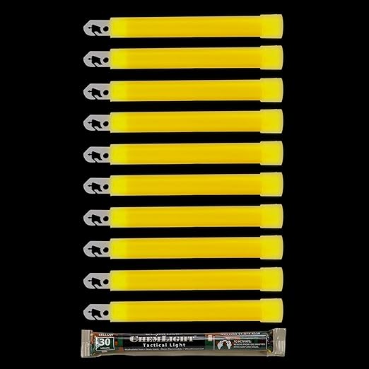 Cyalume - 9-42300 ChemLight Military Grade Chemical Light Sticks – 30 Minute Duration Light Sticks Provide Intense Light, Ideal as Emergency or Safety Lights and Much More, Standard Issue for U.S. Military Personnel – Yellow, 6” Long (Pack of 10)