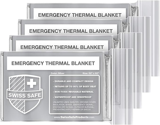 Swiss Safe Emergency Mylar Thermal Blankets + Bonus Space Blanket - Compact & Insulated for Cold Weather - Designed for NASA, Outdoor Camping, Survival, First Aid Car Kit - Silver, 4 Pack