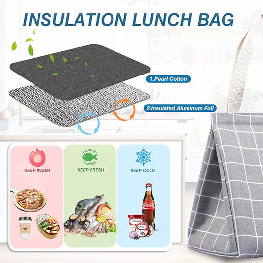iknoe Insulated Lunch Bag for Women, 9L Sturdy Wide-Open Foldable & Portable Lunch Tote with Interior Pockets, Water-resistant Thermal Lunch Cooler for Adults Picnic Beach (Grey Plaid)