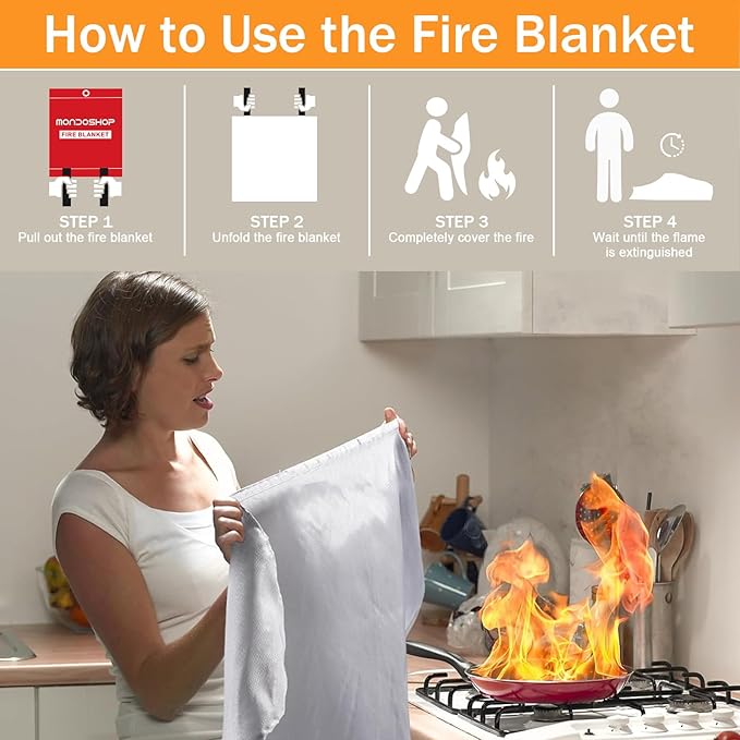 Mondoshop Fire Blanket Emergency for Home and Kitchen - 2pack 48"x48" Fire Blankets Fire Resistant Blanket for Camping, Grill, Car, Office, Warehouse, School, Picnic, Garages, Workshops