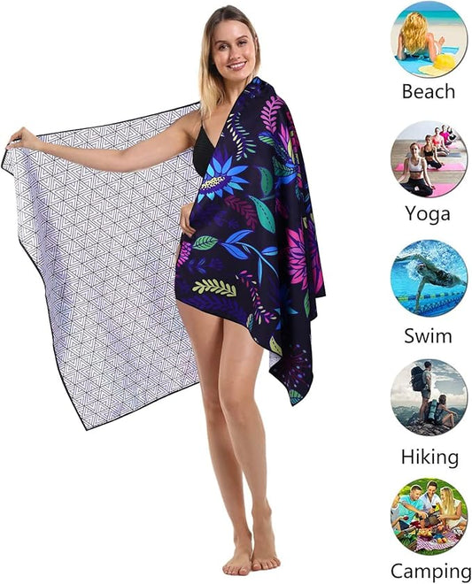 Microfiber Compact Sandproof Pool Beach Towel Blanket - Quick Fast Dry Sand Free Proof Outdoor Clearance Thin Camping Travel Swim Towels Personalized Girls Women Men Adult Friend Gift Boho Black White