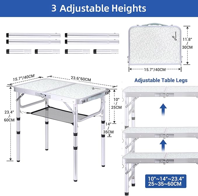 Sportneer Camping Table: Adjustable Height Small Folding Table 23.6" L x 15.7" W 3 Height with Mesh Layer - Compact & Portable Camping Essentials for Outdoor Camp Garden Picnic BBQ Dining Cooking