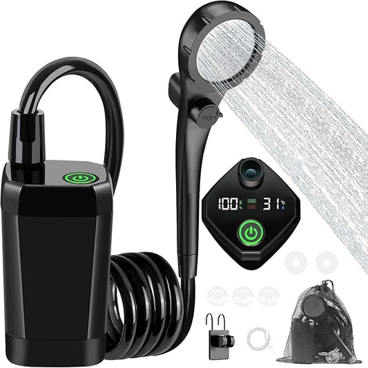 Portable Camping Shower, 6000mAh Rechargeable Outdoor Shower Pump with LED Display, 3 Spray Modes, IPX7 Waterproof Camping Shower Kit for Hiking, Travel, Car Washing, RV, Pet Bath
