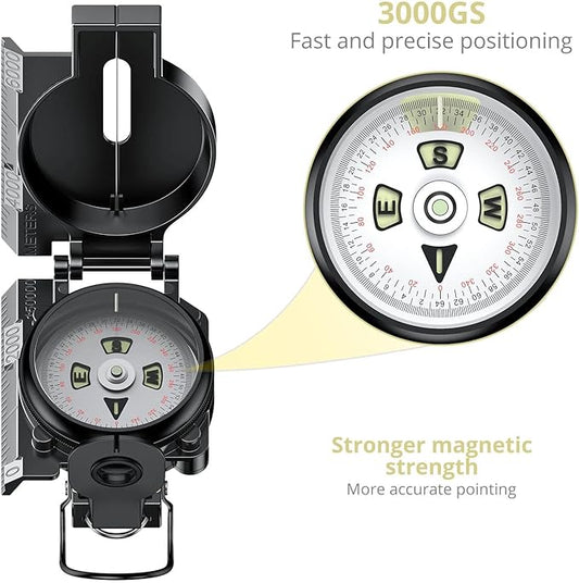 Hiking Compass with Clinometer, Strong Magnetic Intensity 3000 Gauss Military Lensatic Sighting Compass with Lanyard & Pouch, Survival Compass for Hiking Camping Hunting Outdoor (Black)