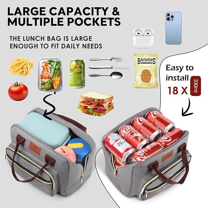 Genteen Lunch Bag for Women Girls Teens,Insulated Adult Lunch Boxes for Women,Reusable Cute Lunch Bags for Work,High Capacity Tote Lunchbox Cooler for Office Travel Picnic School-Gray