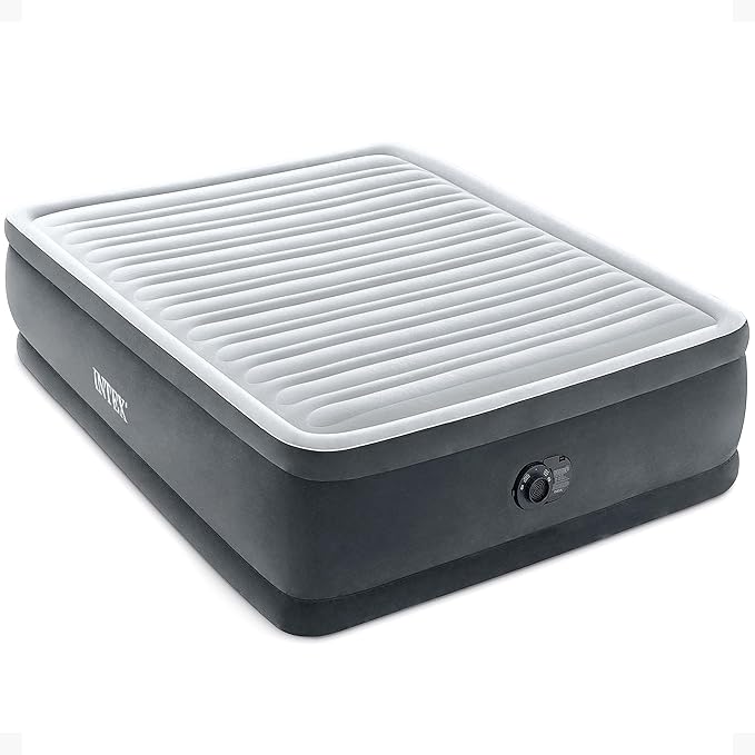 Intex Dura-Beam Deluxe Comfort-Plush Elevated Air Mattress: Fiber-Tech – Queen Size – Built-in Electric Pump – 18in Bed Height – 600lb Weight Capacity