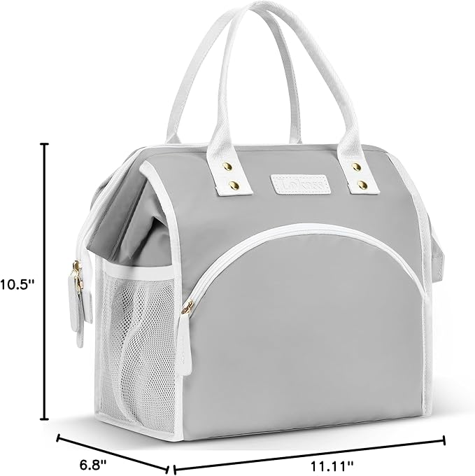 LOKASS Lunch Bag Women Insulated Lunch Box Wide-Open Lunch Tote Bag Large Waterproof Cooler Bag for Work Picnic Hiking Beach（Gray）