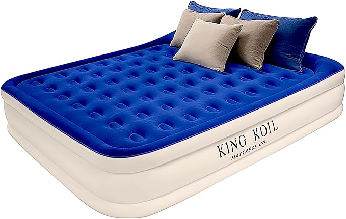 King Koil Premium California King Size Air Mattress with Built-in Pillow & Patented High-Speed Built in Pump, 20" King Size Premium Double High Airbed for Home, Camping & Guests, 1-Year Warranty