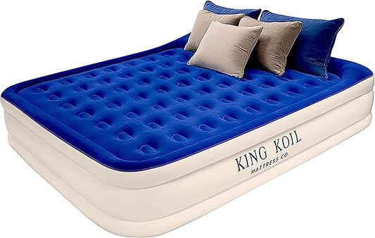 King Koil Premium California King Size Air Mattress with Built-in Pillow & Patented High-Speed Built in Pump, 20" King Size Premium Double High Airbed for Home, Camping & Guests, 1-Year Warranty