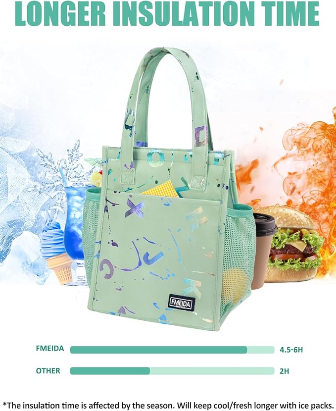 Fmeida Insulated Lunch Bag Women, 6.75L Small Lunch Tote Bags, Waterproof Thermal Cooler Lunch Bag, Reusable Lunch Box with Front Side Interior Pockets, Colorful Letters