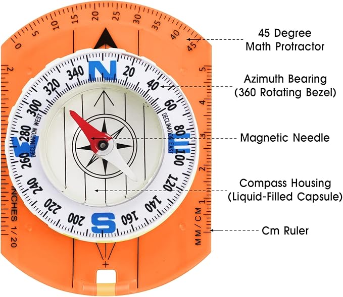 Posinly Advanced Orienteering Compass - Survival Whistle, Map Reading Field Compass for Camping, Hiking & Navigation, Great for Kids