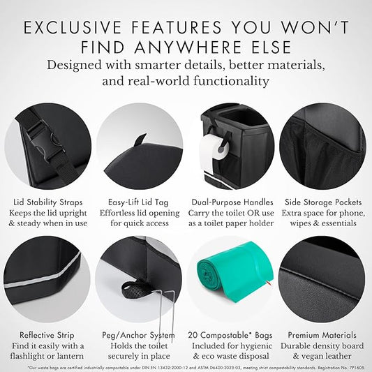 2025 Portable Camping Toilet, Reliable Extra Large Foldable Travel Toilets, Custom compostable waste bags, Compact for Van, Truck, Hiking, Beach, Camp, Car