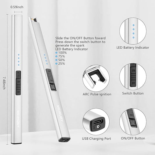 MEIRUBY Lighter Electric Candle Lighter Long Electronic Rechargeable USB Lighter Arc Windproof Flameless Lighters for Candle Camping BBQ Birthday Women's Day Gifts for Women Mom Wife Men, Silver