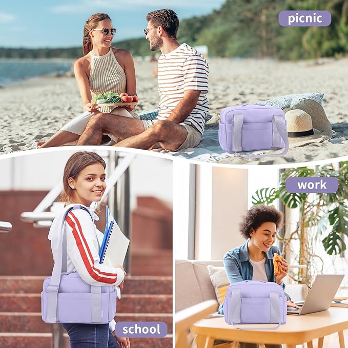 ZOMFELT Insulated Lunch Bag Women, Cute Lunch Tote Bag Lunch Box for Women, Leakproof Large Capacity Womens Lunch Bags with Adjustable Shoulder Strap for Work Office Outdoor Picnic Camping, Purple