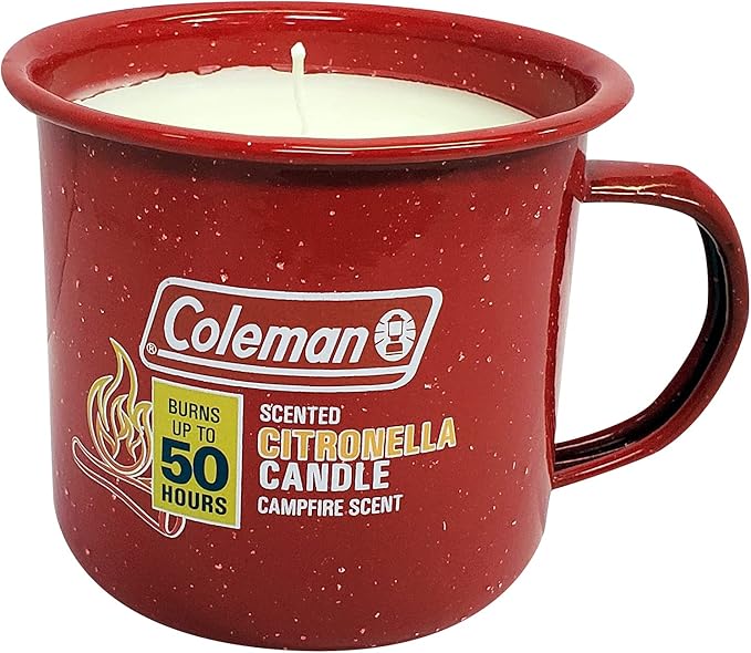 Coleman Repellents Tin Mug Outdoor Citronella Candle | Rustic Outdoor Camping Candle with Campfire Scent, Red