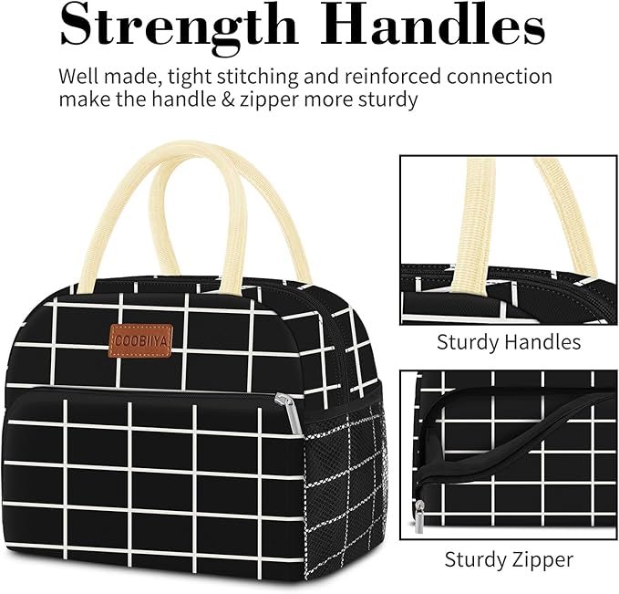 Coobiiya Lunch Bag Women, Lunch Box for Women Adult Men, Small Leakproof Cute Lunch Tote Large Capacity Reusable Insulated Cooler Lunch Container for Work/Office/Picnic/Travel-Black Plaid